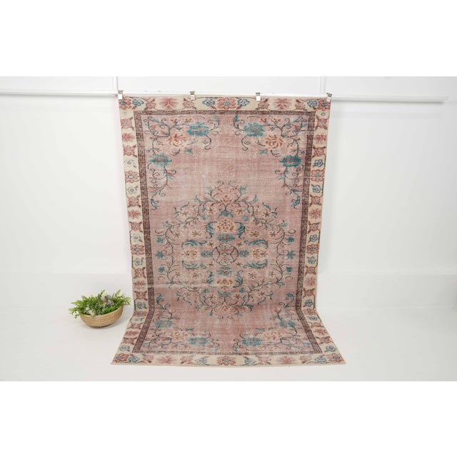Pink 1970s Vintage Turkish Handmade Wool Cotton Pink Area Rug For Sale - Image 8 of 12