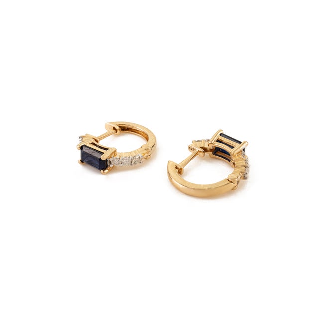 Metal 1.0Ct Emerald Cut Blue Sapphire & Diamond Hoop Earrings in 14k Yellow Gold- A Pair For Sale - Image 7 of 12