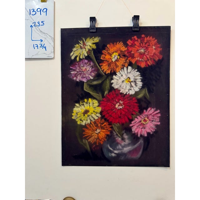 Henry Emil Salloch Original Pastel on Paper Vase of Multicolored Zinnias, 1965. For Sale In Atlanta - Image 6 of 6