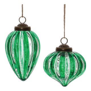 Green Ribbed Crackle Glass Ornament (Set of 6) For Sale