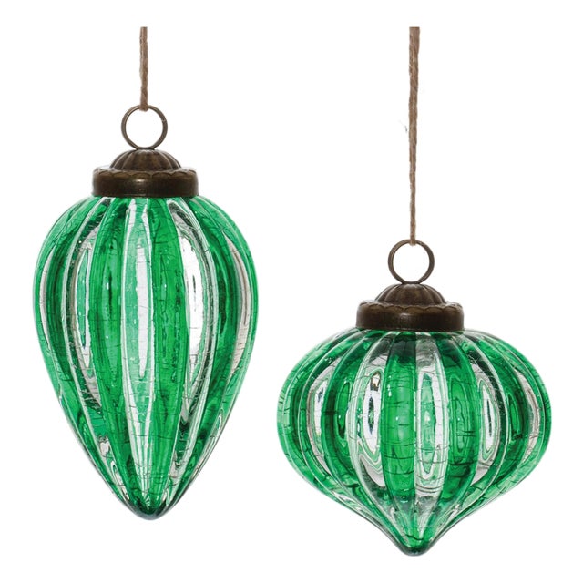 Green Ribbed Crackle Glass Ornament (Set of 6) For Sale