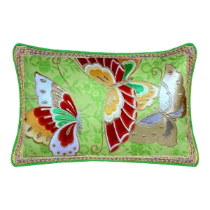 Hand-Embroidery Vintage Butterfly Silk Lumbar Pillow Framed With Vintage Guipure Lace and Piping
