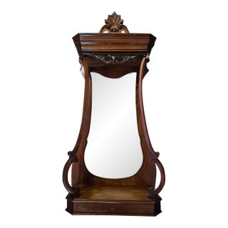 Late 19th Century Antique Victorian Walnut Wall Mirror With Carved Pediment & Display Shelf For Sale