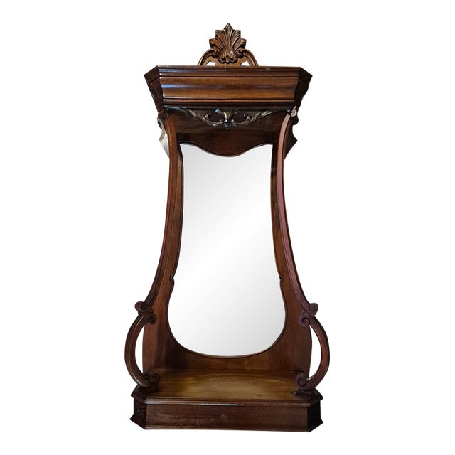 Late 19th Century Antique Victorian Walnut Wall Mirror With Carved Pediment & Display Shelf For Sale
