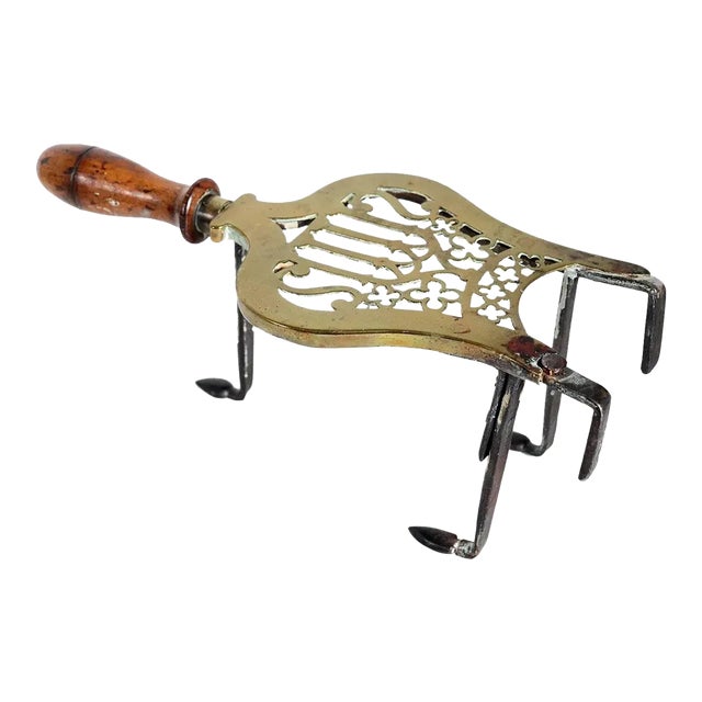 English Gothic Revival Brass, Iron and Oak Handle Fireplace Hearth Trivet For Sale