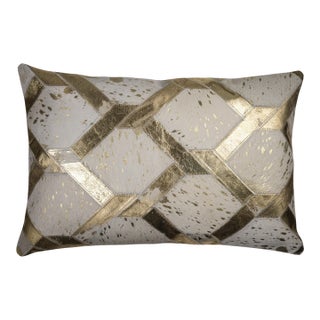 Luxury White & Gold Cowhide Leather Throw Pillow 16x24 | Handmade Geometric Designer Lumbar Cushion For Sale