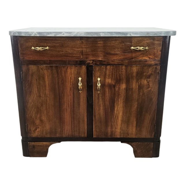 Art Deco Sideboard in Mahogany Feather with Marble Top and Brass Handles, 1940 For Sale