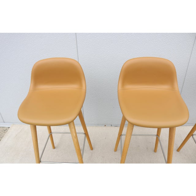 Danish Iskos-Berlin for Muuto Brown Leather Fiber Bar Stools Oak Base - Set of 3 For Sale - Image 13 of 18