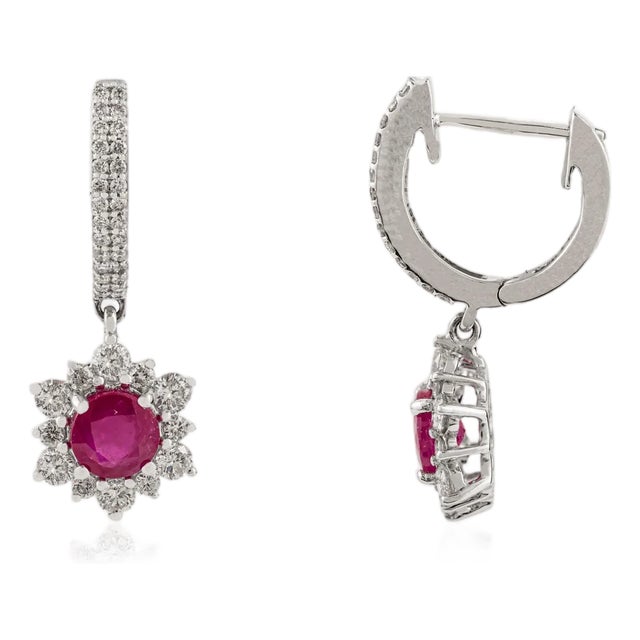 Vintage-Inspired 14k White Gold Drop Earrings With 1.7 Ct Ruby & Diamond Halo- A Pair For Sale
