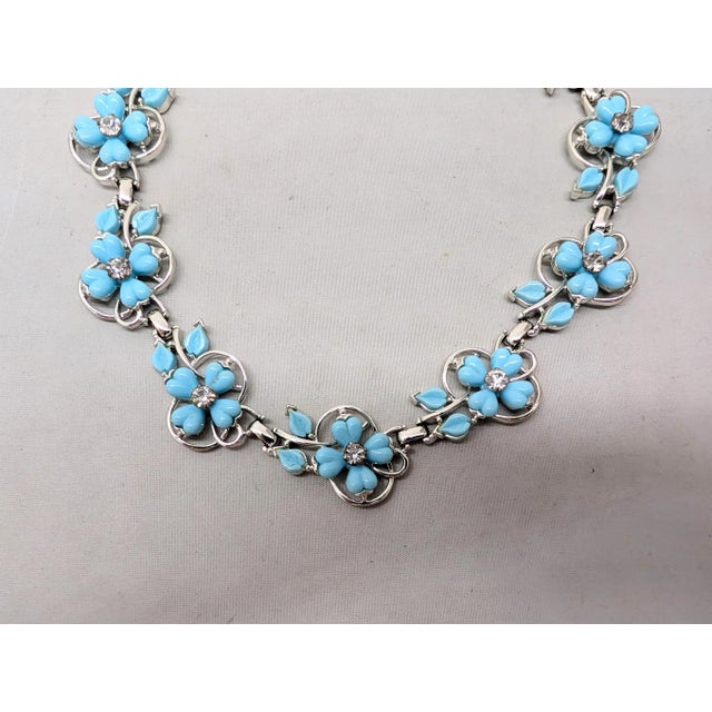 Vintage Signed Kramer Blue Flowers & Clear Rhinestone Necklace, Vogue 1955 For Sale - Image 11 of 11
