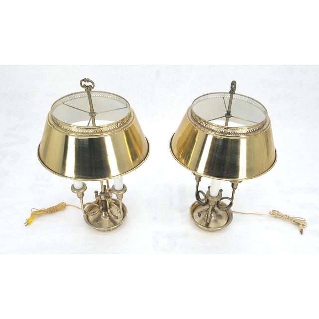 Pair of Unusual Brass Shades Brass Bases Bouillotte Lamps MINT!