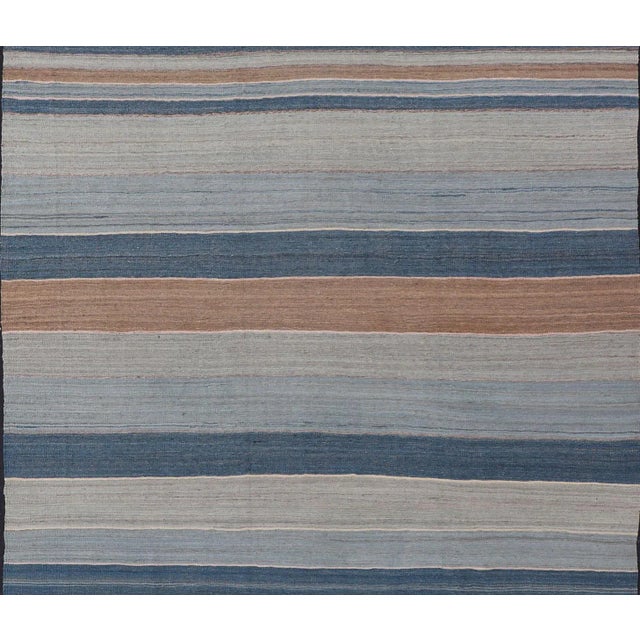 Striped Kilim Blue and Brown Hand Woven Wool by Keivan Woven Arts 9'3 X 12'0 For Sale - Image 10 of 13