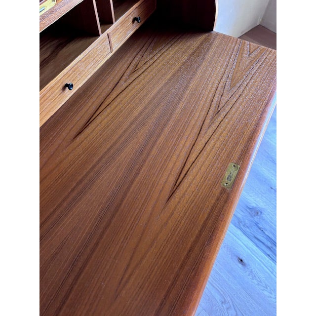 Mid-Century Teak Rolltop Secretary Desk Signed Egon Ostergaard With Label Made in Sweden For Sale - Image 10 of 17