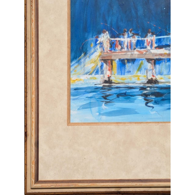 Blue Charles Criner "Starry Night" Watercolor Impressionist Galveston Pier Landscape Painting, 2009 For Sale - Image 8 of 11