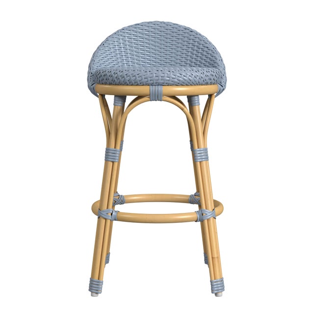 Spritely Home Accent Furniture Tobias 24.5 in. Seat Height Outdoor Rattan and Metal Low Back Counter Stool, Baby Blue/ Natural Rattan Frame For Sale - Image 4 of 8