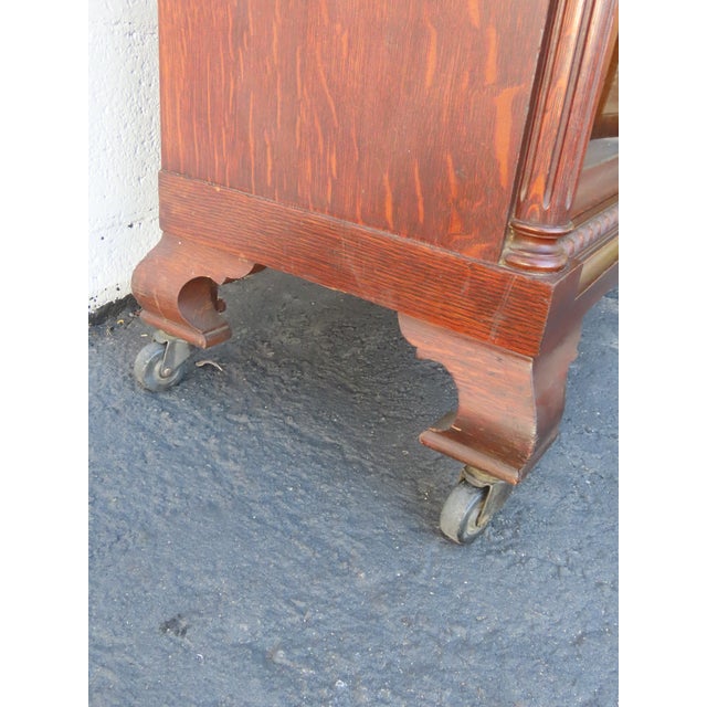 Early 1900s Tiger Oak Long Large China Cabinet Bookcase Cupboard 6583 For Sale - Image 16 of 18