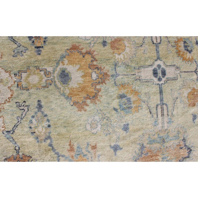 Light Green Turkish Oushak Rug With Neutral Color Palette and All-Over Flower Design For Sale - Image 8 of 10