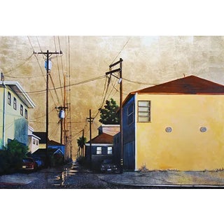 Original Realist Cityscape Mixed-Media Painting, "Golden Sunrise Alley" For Sale