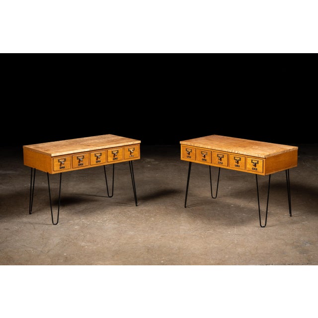 Vintage Oak Card Catalog on Hairpin Legs For Sale - Image 4 of 9
