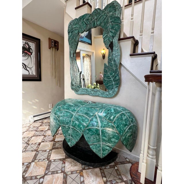 1970s Palm Leaves Mirror and Matching Console Table in the Style of Maitland Smith - Set of 2. This is a very rare set of...