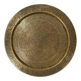 Vintage Etched Brass Plate Tray Wall Hanging with Floral Design, India For Sale