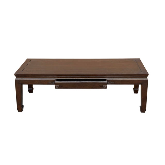 Asian Oriental Dark Brown Natural Wood Drawers Rectangular Low Coffee Table For Sale - Image 3 of 12