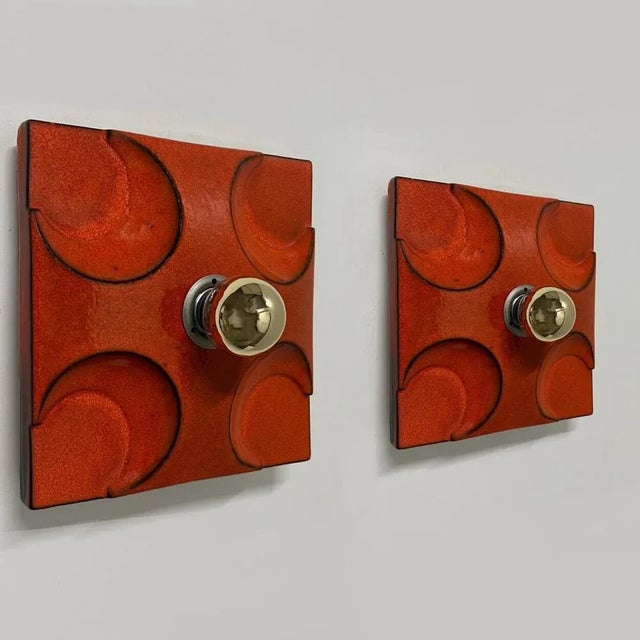 Gold German Orange Square Ceramic Wall Lights, 1970, Set of 2 For Sale - Image 8 of 11