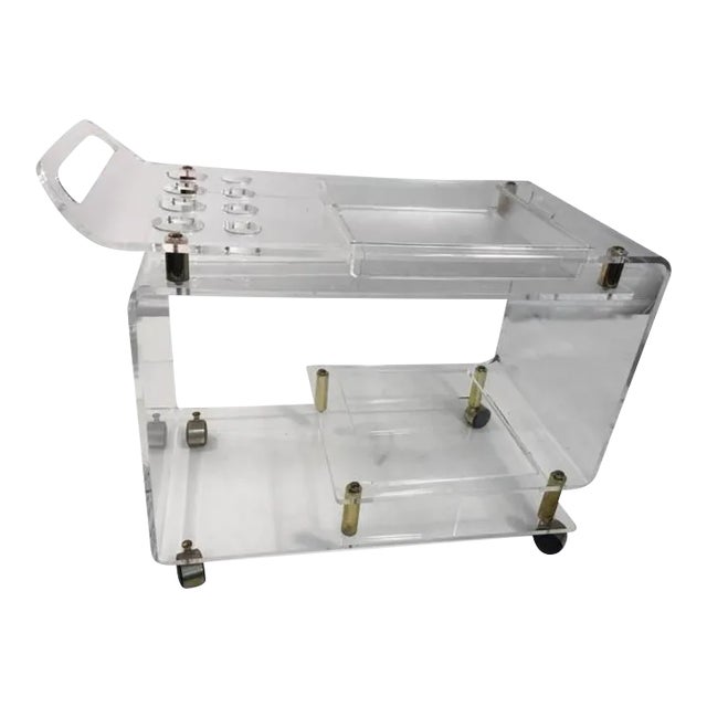 Lucite and Brass Bar Cart in the Manner of Charles Hollis Jones For Sale