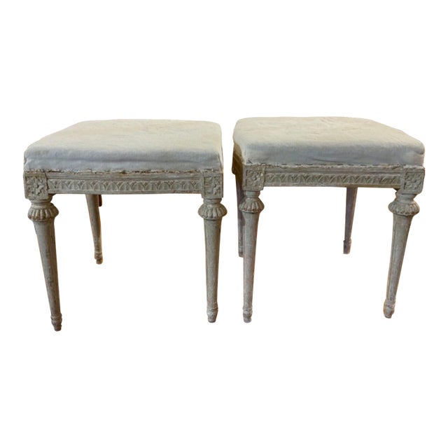 Pair of Antique Swedish Carved and Painted Gustavian Benches For Sale