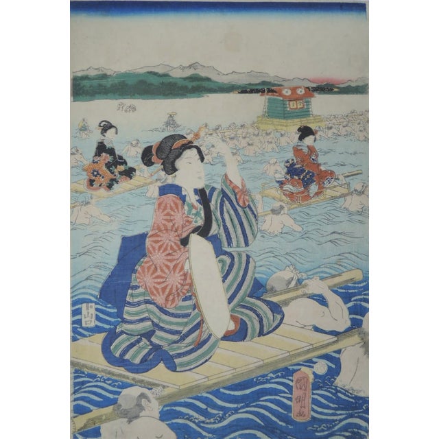 Mid 19th Century Mid 19th Century Rare Meiji Triptych: Crossing the Oi River by Utagawa Kuniaki II (Full 3-Panel Set) For Sale - Image 5 of 5