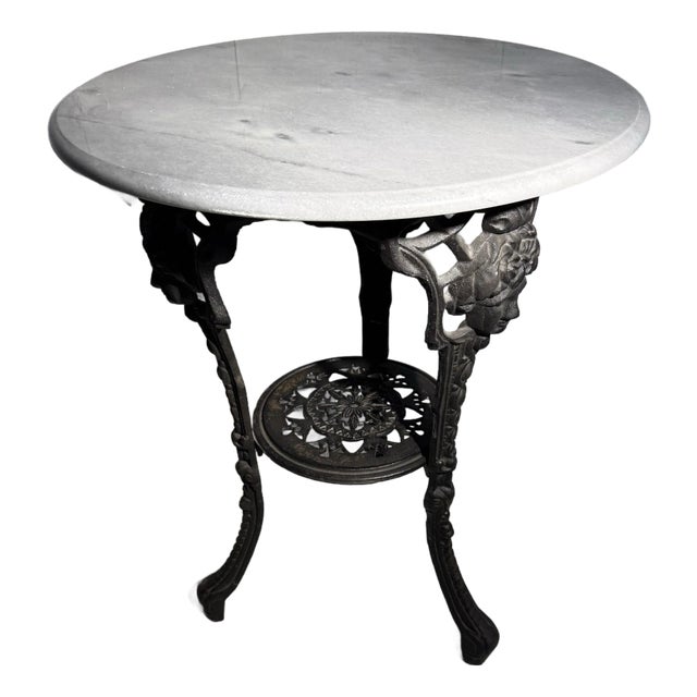 Vintage English Victorian Cast Iron Table With Marble Top For Sale