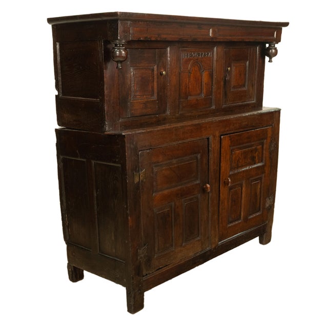 Antique Early 18th Century Welsh English Deuddarn Carved Oak Court Cupboard 1737 For Sale - Image 10 of 16