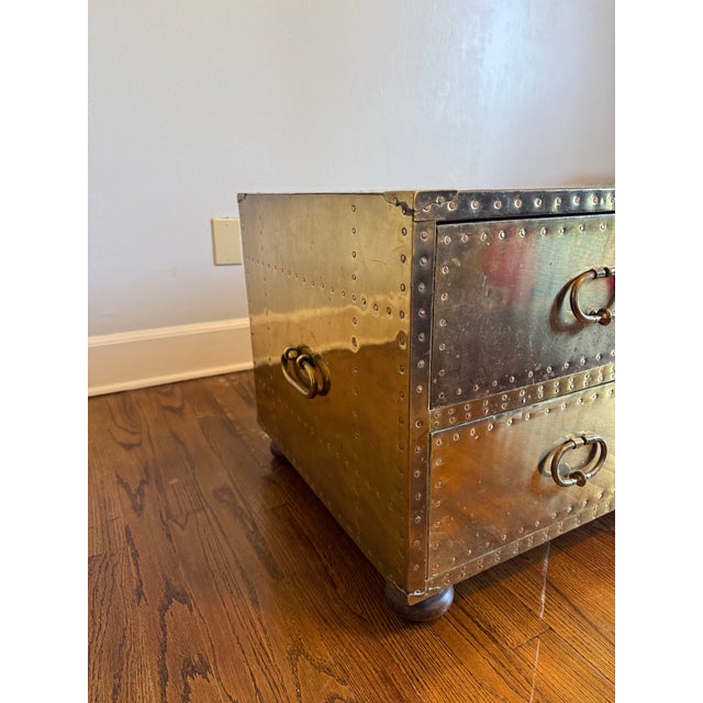 Vintage Sarreid Ltd. Handcrafted in Spain Brass-Clad Campaign Coffee Table With Two Drawers and Glass Top For Sale - Image 11 of 12