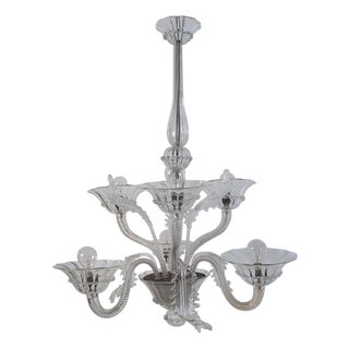 Rococo Style Clear Murano Glass 6-Arm Chandelier, Italy, 1950s For Sale