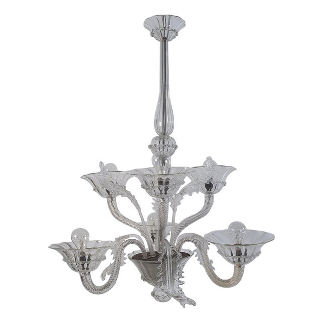 Rococo Style Clear Murano Glass 6-Arm Chandelier, Italy, 1950s For Sale