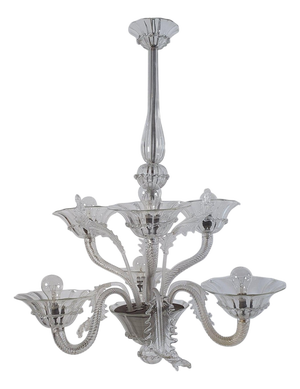 Rococo Style Clear Murano Glass 6-Arm Chandelier, Italy, 1950s