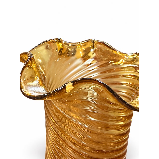 Rustic European Antique Late 19th C. Bohemian Amber Optic Spiral Molded Vase With Raw Pontil & Stone Inclusion For Sale - Image 3 of 4