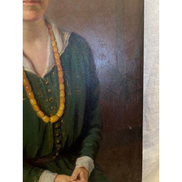 Army Green 1920s/30s Large Antique Portrait Woman Oil Painting Canvas For Sale - Image 8 of 12