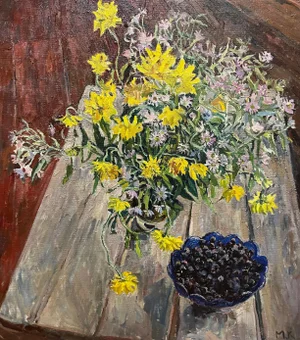 Maya Kopitzeva, Flowers and Blueberries, 2000s, Oil on Canvas, Framed