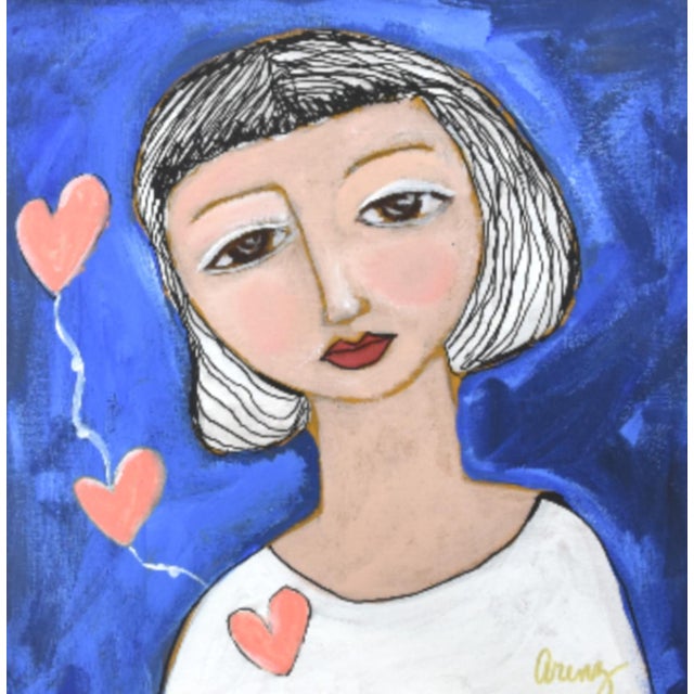 French Provincial Woman Portrait Painting With Floating Hearts by Ruth Arenz Including the Antiqued Gold Frame For Sale - Image 3 of 6