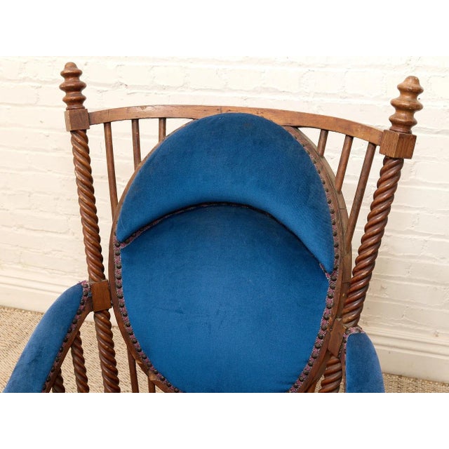 1870s Antique Attributed to George Hunzinger Barley Twist Mahogany Needlepoint Rocking Chair For Sale In Los Angeles - Image 6 of 10