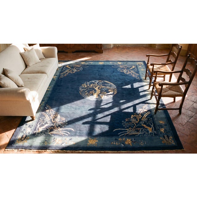 Radiant Navy Blue Color With Beautiful Florid Design Antique Chinese Peking Rug For Sale - Image 13 of 15