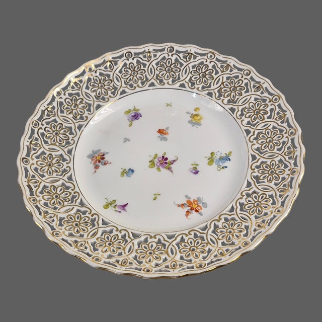 Victorian Vintage Saxonia Dresden Painted Floral Gilded Reticulated Plates - Set of Four For Sale - Image 3 of 10