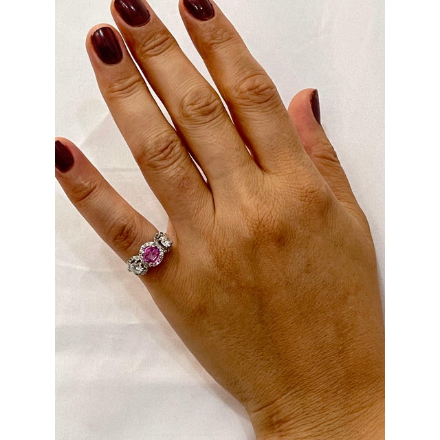 Pink 1 Ct Round Pink Sapphire & 1.5 Ct Diamond 18 Karat White Gold Ring, Estate For Sale - Image 8 of 18