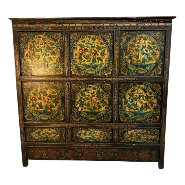 Antique Tibetan Hand Painted Cabinet For Sale