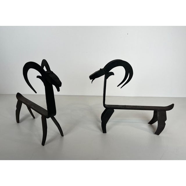 Mid-Century Modern 1950s Pair of wrought iron andirons representing a goat in the style of Edouard Schenck For Sale - Image 3 of 12