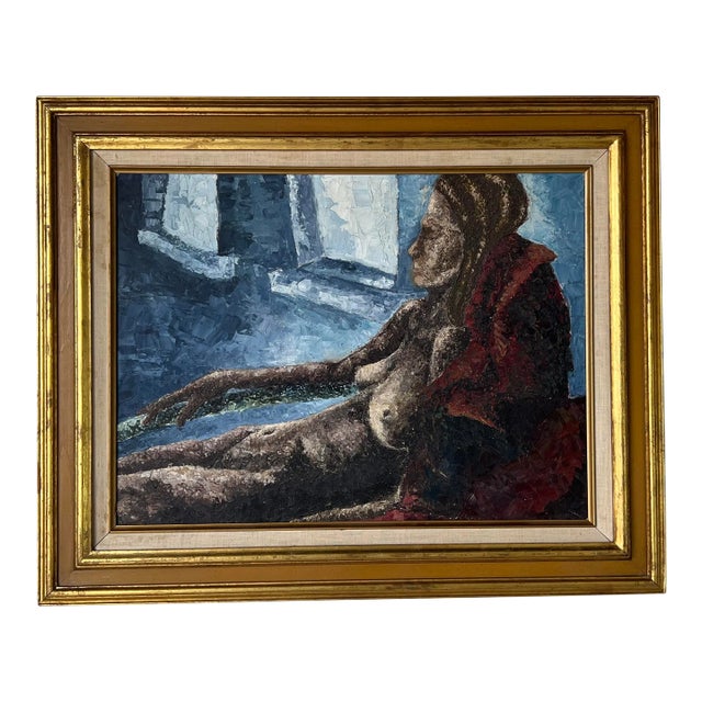 60's Vintage Grey Reclining Nude Woman Oil Painting, Framed For Sale