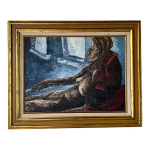 60's Vintage Grey Reclining Nude Woman Oil Painting, Framed