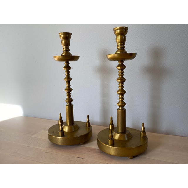1930s 1930s Machine Age Modernist Hand Made Lathe Turned Brass Candlesticks - a Pair For Sale - Image 5 of 10