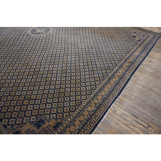 Rectangle Wool Allover Geometric Hand Knotted Pile 1920s Large Antique Blue Rug For Sale - Image 9 of 11